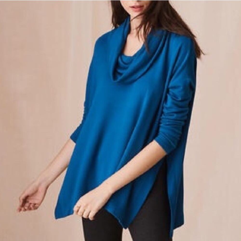 Lou & Grey Cowl Neck Blouse Sweater Womens XS Teal Blue Oversized Split Side‎